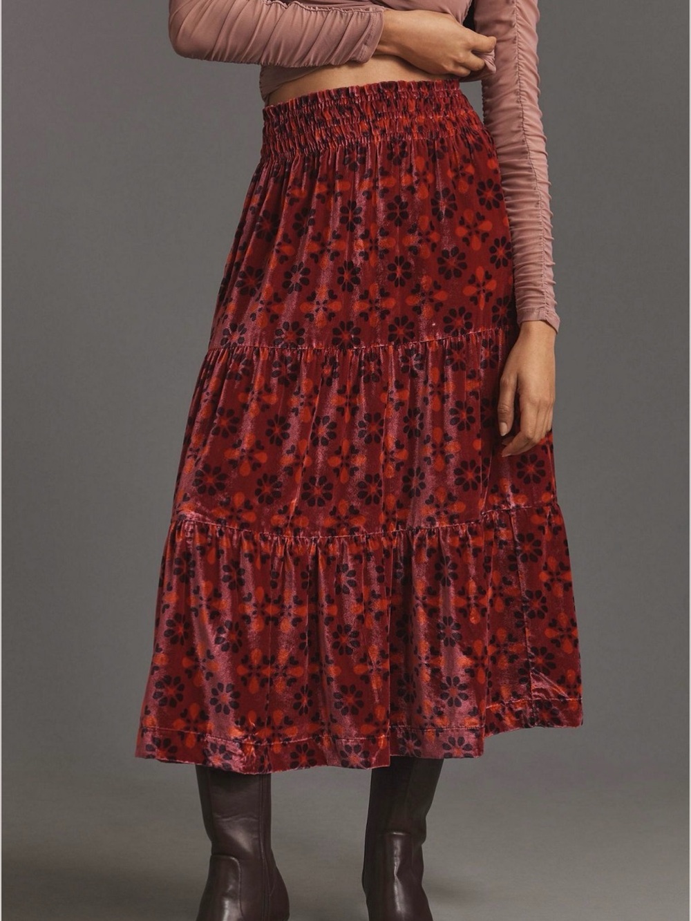 Anthropologie The Somerset Nina pace Red Floral Velvet Tiered Maxi Skirt